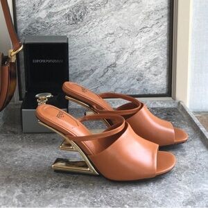Fendi Tan and Gold Heeled Sandals